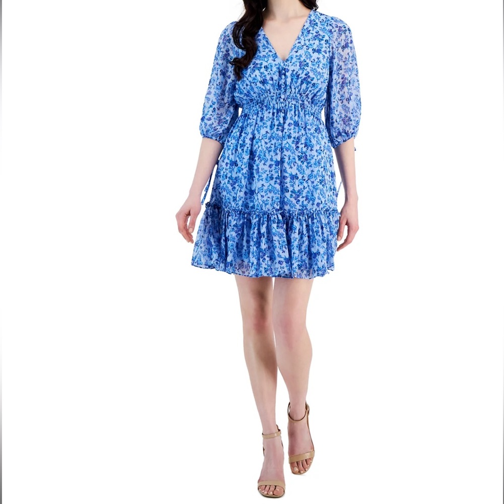 Taylor Women's Floral-Print 3/4-Sleeve Smocked-Waist Dress
